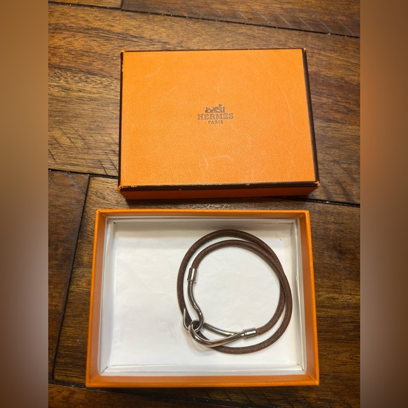 Hermes Jewelry - Hermes jumbo silver brown leather double hook bracelet. With box
